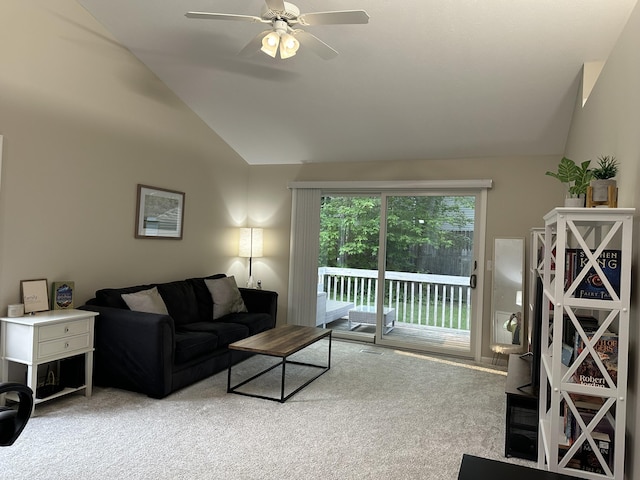 335 Nestlewood Dr, Holland, MI 49424 - carpeted living area with vaulted ceiling and ceiling fan