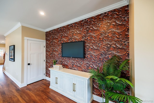 215 W Fifth Ave Unit 2, Flint, MI 48502 - hall with wallpapered walls, dark wood finished floors, ornamental molding, recessed lighting, and an accent wall