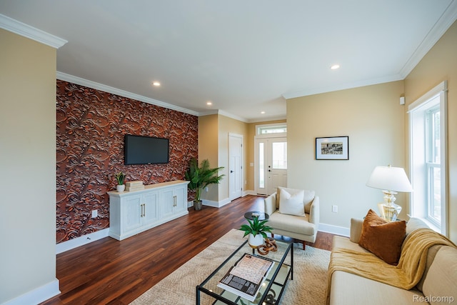 215 W Fifth Ave Unit 2, Flint, MI 48502 - living room featuring an accent wall, dark wood-style flooring, recessed lighting, and ornamental molding