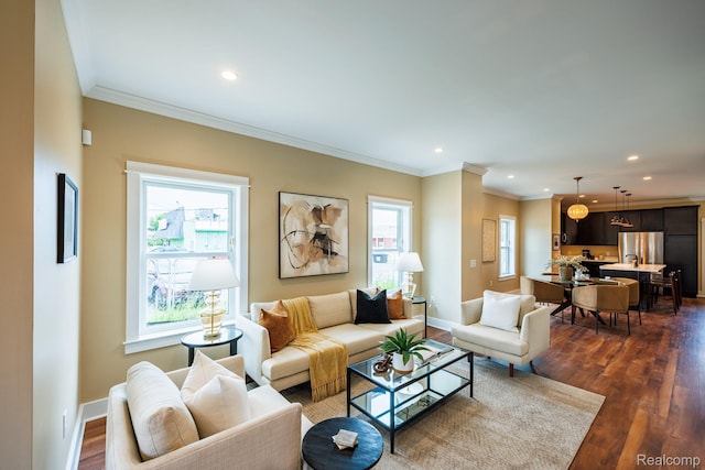 215 W Fifth Ave Unit 2, Flint, MI 48502 - living area with recessed lighting, healthy amount of natural light, dark wood-style floors, and crown molding