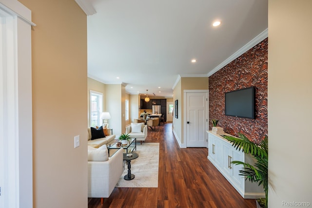 215 W Fifth Ave Unit 2, Flint, MI 48502 - living area with ornamental molding, dark wood-style floors, and recessed lighting