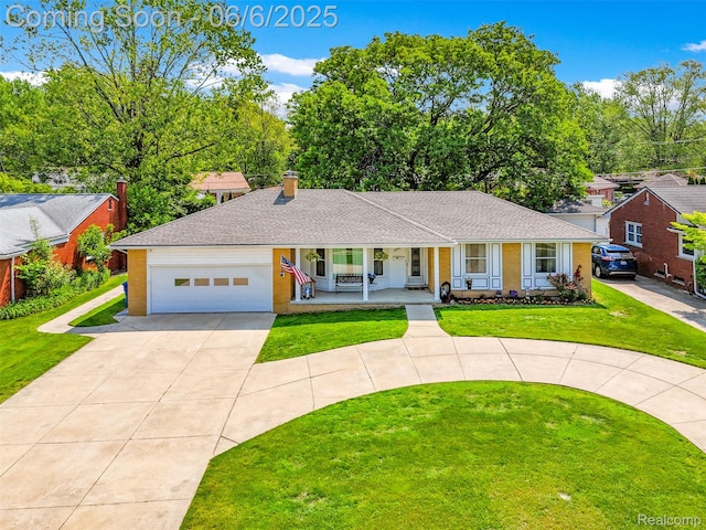 17445 W Outer Dr, Dearborn Heights, MI 48127 - ranch-style home featuring covered porch, driveway, a front yard, roof with shingles, and brick siding