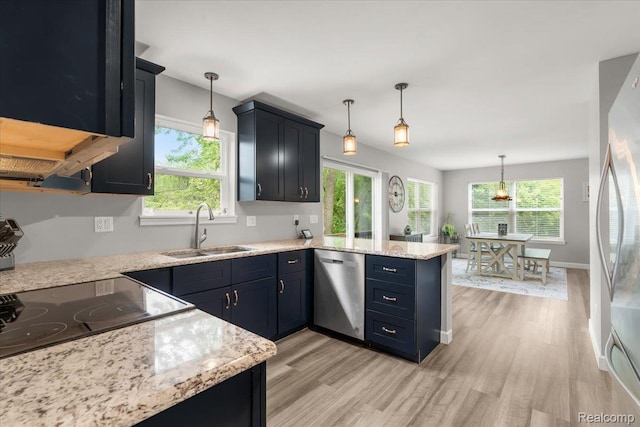 2230 Briar Rdg, Wolverine Lake, MI 48390 - kitchen with stainless steel appliances, a sink, a peninsula, light wood-style floors, and plenty of natural light
