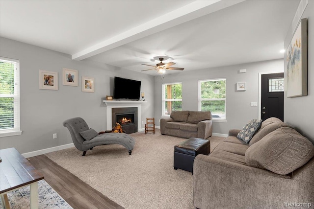 2230 Briar Rdg, Wolverine Lake, MI 48390 - living area with a lit fireplace, baseboards, a ceiling fan, and wood finished floors