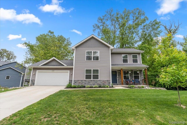 2230 Briar Rdg, Wolverine Lake, MI 48390 - view of front facade with covered porch, a garage, stone siding, a front yard, and concrete driveway