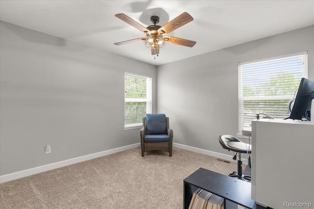 2230 Briar Rdg, Wolverine Lake, MI 48390 - office area featuring baseboards, light colored carpet, and ceiling fan