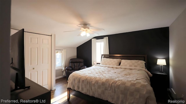 8483 Harding, Center Line, MI 48015 - bedroom with wood finished floors, vaulted ceiling, ceiling fan, and baseboards