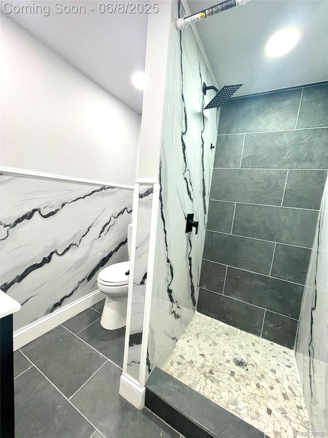 1311 12th St, Wyandotte, MI 48192 - bathroom featuring toilet, a stall shower, vanity, tile patterned floors, and recessed lighting