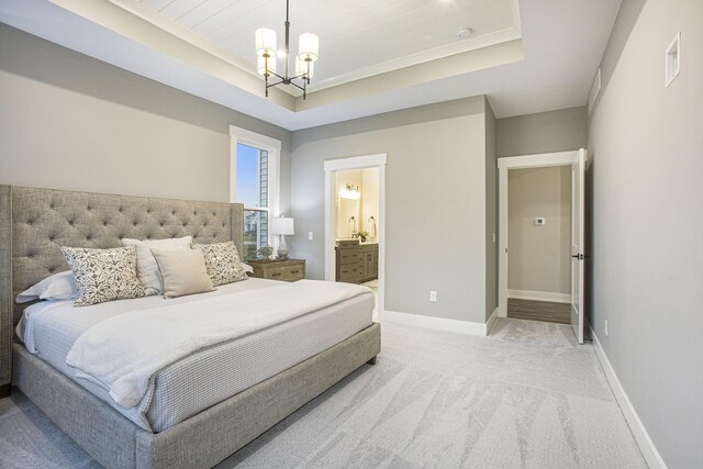 2748 Woodhaven Ct SW Unit 03, Byron Center, MI 49315 - bedroom featuring a raised ceiling, light carpet, a chandelier, and baseboards