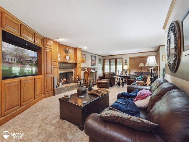 9705 Burning Tree Dr, Grand Blanc, MI 48439 - carpeted living area with a fireplace, ornamental molding, and recessed lighting