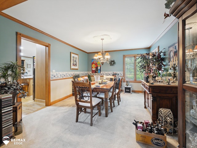 9705 Burning Tree Dr, Grand Blanc, MI 48439 - dining room featuring a chandelier, light colored carpet, and crown molding