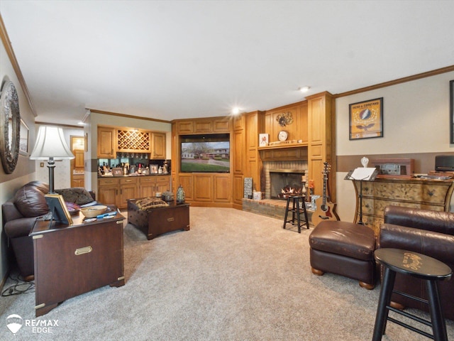 9705 Burning Tree Dr, Grand Blanc, MI 48439 - living room with ornamental molding, carpet, a dry bar, and a fireplace