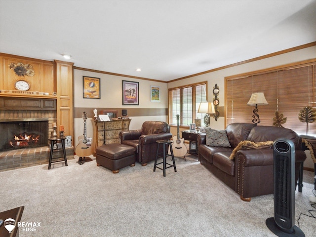 9705 Burning Tree Dr, Grand Blanc, MI 48439 - living room with light colored carpet, ornamental molding, and a fireplace