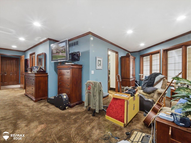 9705 Burning Tree Dr, Grand Blanc, MI 48439 - living area with crown molding, carpet flooring, and recessed lighting