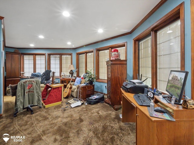 9705 Burning Tree Dr, Grand Blanc, MI 48439 - office featuring ornamental molding, dark carpet, and recessed lighting