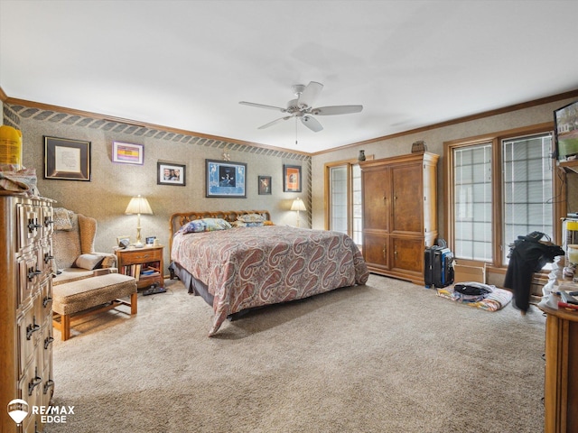 9705 Burning Tree Dr, Grand Blanc, MI 48439 - carpeted bedroom featuring crown molding and a ceiling fan