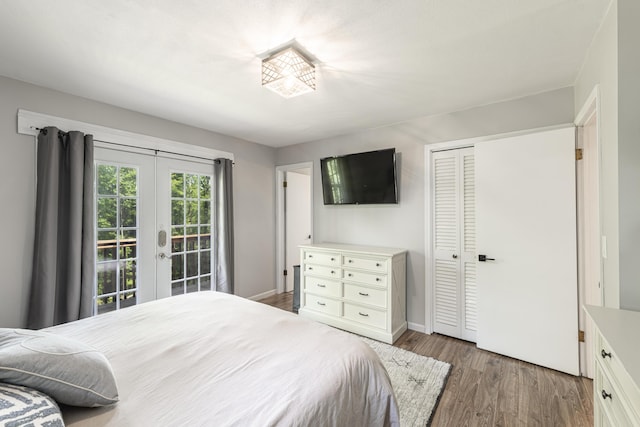 8680 Bennett St SE, Ada, MI 49301 - bedroom with wood finished floors, french doors, a closet, access to outside, and baseboards