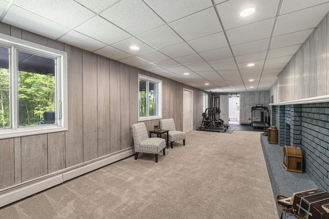 8680 Bennett St SE, Ada, MI 49301 - living area featuring a wood stove, a baseboard radiator, carpet flooring, recessed lighting, and wooden walls