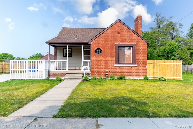 20811 Doepfer Rd, Warren, MI 48091 - bungalow featuring covered porch, brick siding, a chimney, and a shingled roof