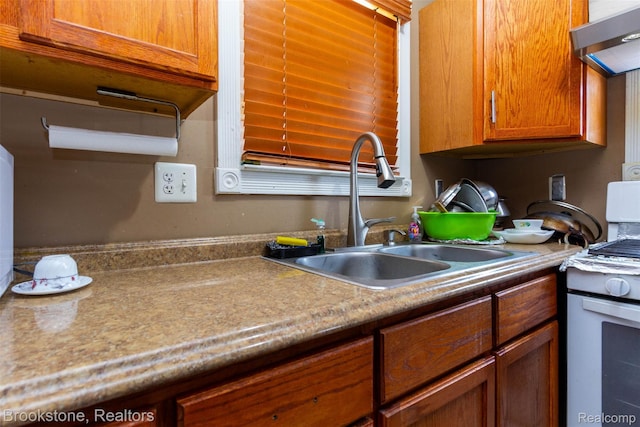 20811 Doepfer Rd, Warren, MI 48091 - kitchen with gas range gas stove, a sink, exhaust hood, brown cabinetry, and light countertops