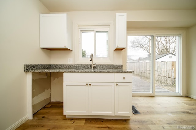 15400 Sprenger Ave, Eastpointe, MI 48021 - kitchen featuring a sink, stone counters, white cabinets, and light wood finished floors