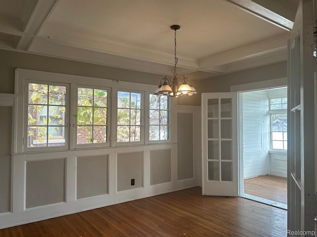 70 Colorado St, Highland Park, MI 48203 - unfurnished dining area with a chandelier, coffered ceiling, beamed ceiling, and dark wood-type flooring