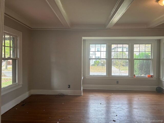 70 Colorado St, Highland Park, MI 48203 - empty room with beamed ceiling, wood-type flooring, and baseboards