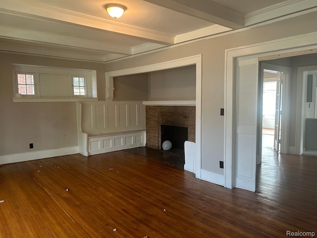 70 Colorado St, Highland Park, MI 48203 - unfurnished living room featuring beam ceiling, hardwood / wood-style floors, ornamental molding, baseboards, and a fireplace
