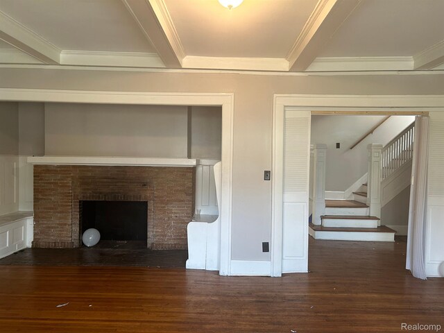 70 Colorado St, Highland Park, MI 48203 - detailed view of crown molding, wood finished floors, beamed ceiling, and a fireplace