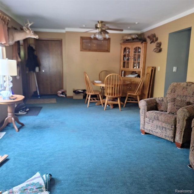 3827 Woodland Dr, Metamora, MI 48455 - living room with ceiling fan, carpet flooring, and crown molding