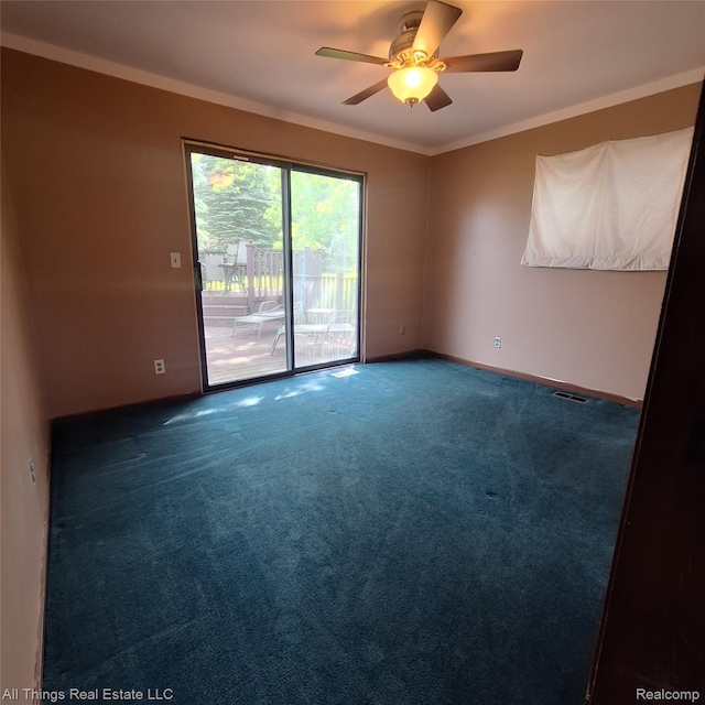 3827 Woodland Dr, Metamora, MI 48455 - unfurnished room with carpet flooring, ceiling fan, ornamental molding, and baseboards