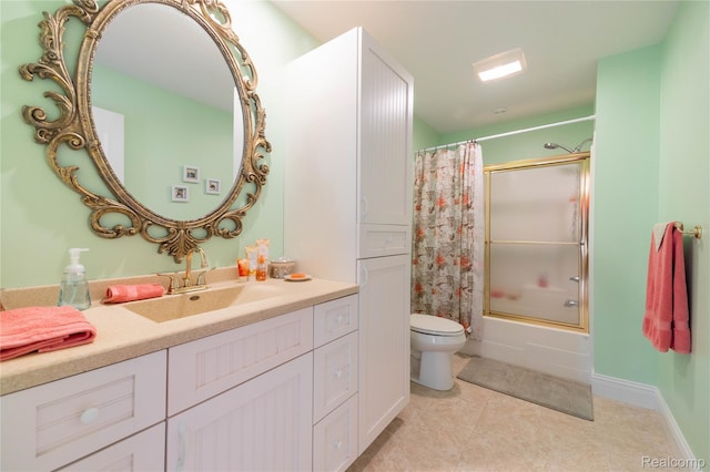 6312 S Graham Rd, Saint Charles, MI 48655 - full bathroom with toilet, vanity, shower / bath combo with shower curtain, tile patterned flooring, and baseboards