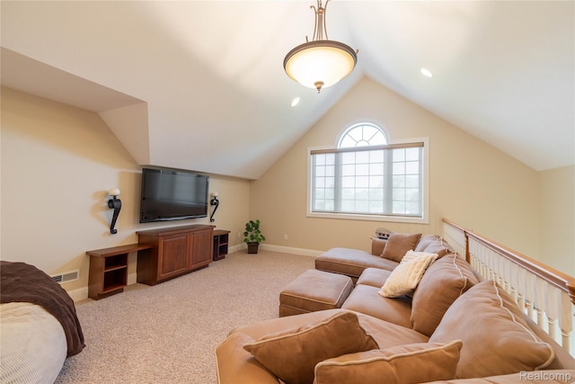 6312 S Graham Rd, Saint Charles, MI 48655 - living area with light carpet, baseboards, and vaulted ceiling