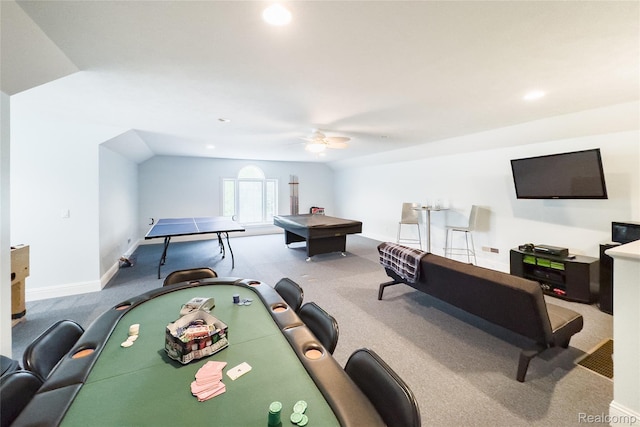 6312 S Graham Rd, Saint Charles, MI 48655 - recreation room with carpet flooring, ceiling fan, recessed lighting, lofted ceiling, and baseboards