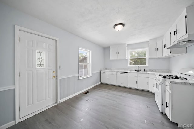603 Company St, Adrian, MI 49221 - kitchen with white appliances, a sink, wood finished floors, light countertops, and white cabinetry