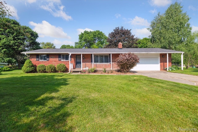 229 Hillview Ter, Fenton, MI 48430 - ranch-style house with brick siding, a garage, a front lawn, covered porch, and driveway