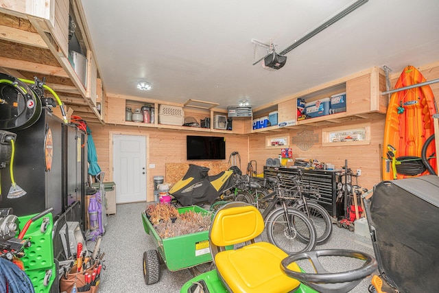 1749 Fairview Dr, Allegan, MI 49010 - garage featuring a garage door opener and wood walls