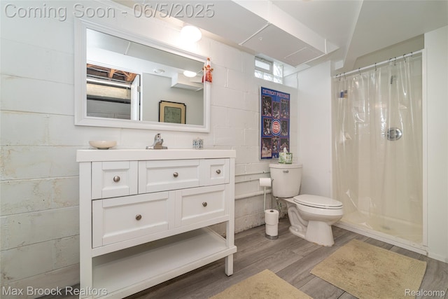 16926 Beverly Rd, Beverly Hills, MI 48025 - full bath with wood finished floors, vanity, toilet, a shower with shower curtain, and concrete block wall