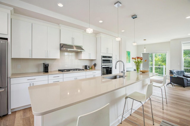 2990 Stoke Way, Ann Arbor, MI 48105 - kitchen with under cabinet range hood, appliances with stainless steel finishes, a sink, light wood-type flooring, and a breakfast bar