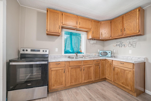 64 E Grand Circle Ave, Battle Creek, MI 49037 - kitchen with stainless steel electric range oven, light countertops, light wood-style flooring, brown cabinetry, and a sink