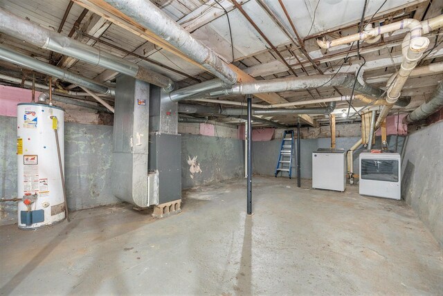 64 E Grand Circle Ave, Battle Creek, MI 49037 - unfinished below grade area with gas water heater, heating unit, and refrigerator