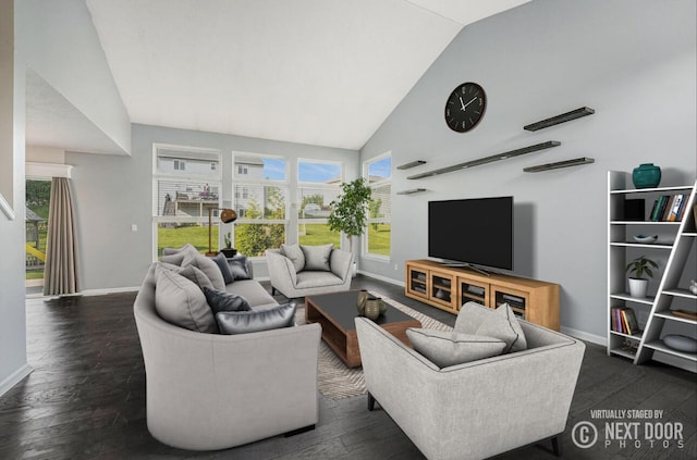 648 Firestone Dr SE, Byron Center, MI 49315 - living area featuring baseboards, dark wood-type flooring, healthy amount of natural light, and high vaulted ceiling