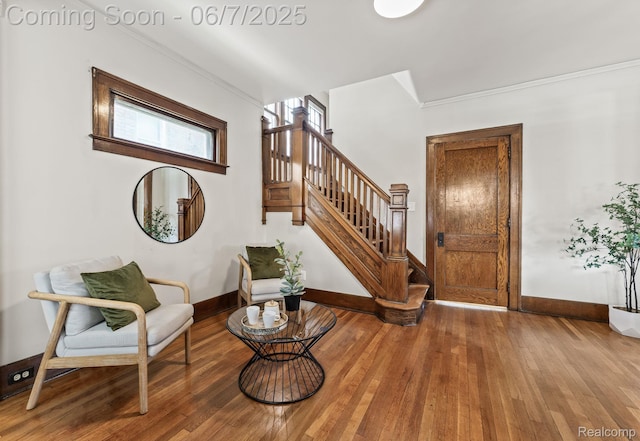 5302 Burns St, Detroit, MI 48213 - entryway featuring stairs, hardwood / wood-style floors, baseboards, and ornamental molding