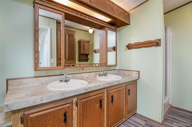 5730 Cavendar Dr, Mount Pleasant, MI 48883 - full bath with double vanity, wood finished floors, and a shower stall