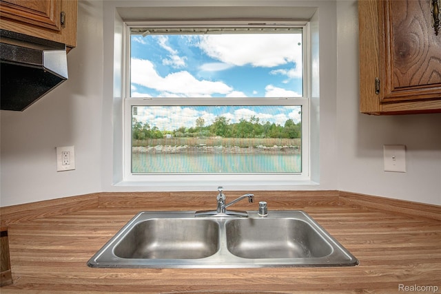 5730 Cavendar Dr, Mount Pleasant, MI 48883 - kitchen with a sink, brown cabinetry, and ventilation hood