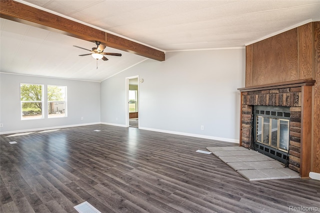5730 Cavendar Dr, Mount Pleasant, MI 48883 - unfurnished living room featuring wood finished floors, ceiling fan, a brick fireplace, and baseboards