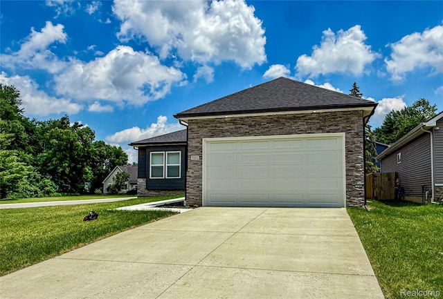 3982 Ontario Dr, Auburn Hills, MI 48326 - view of front of house with stone siding, driveway, an attached garage, and a shingled roof