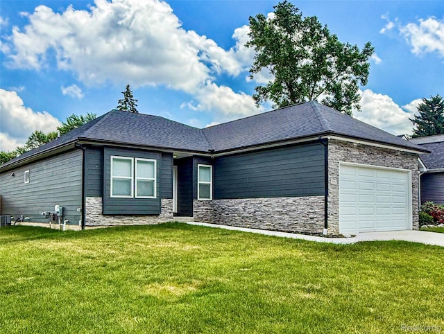 3982 Ontario Dr, Auburn Hills, MI 48326 - view of front of house with stone siding, a front yard, a garage, and concrete driveway