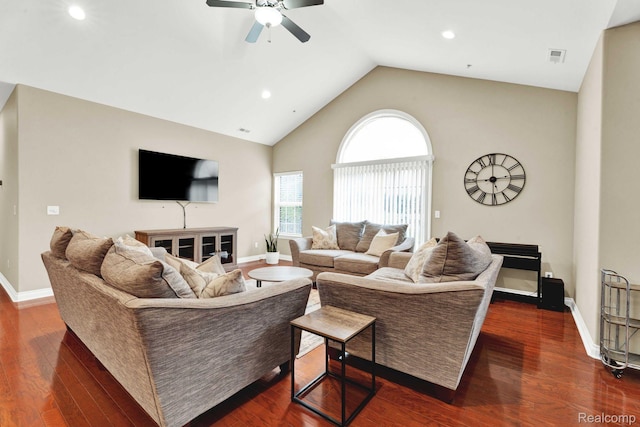 48888 Amanda Ln, Shelby Twp, MI 48317 - living area featuring ceiling fan, baseboards, recessed lighting, dark wood-style floors, and high vaulted ceiling