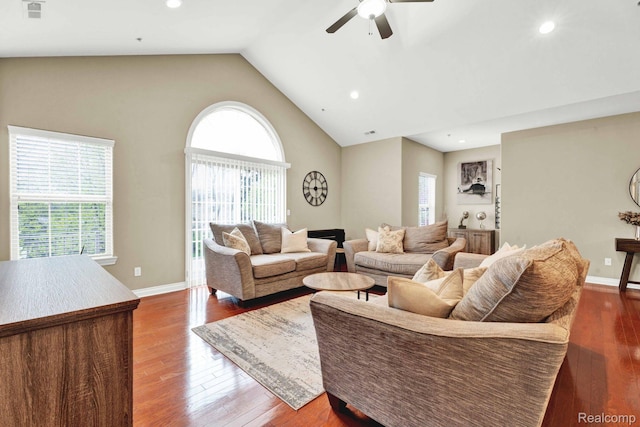 48888 Amanda Ln, Shelby Twp, MI 48317 - living room with a ceiling fan, plenty of natural light, wood finished floors, recessed lighting, and high vaulted ceiling